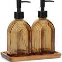 2 Pack Arch Glass Soap Dispenser with Plastic Pump, 11OZ Liquid Hand Soap Dispenser with Acacia Wood Tray, Rustproof Pump for Kitchen & Bathroom, Great for Lotions, Essential Oil, Liquid Soaps,Amber