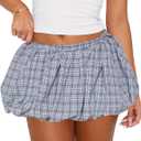 COZYPOIN Womens Mini Plaid Bubble Skirts 2026 Summer Sexy Low Waist Y2k Puffy Ruffle Balloon Skirt with Short Underneath (Blue, S)