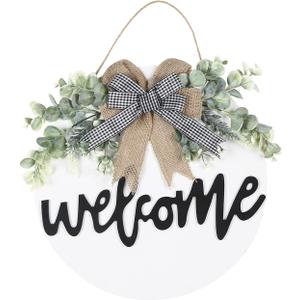 Sattiyrch Welcome Sign for Front Door Round Wood Sign Hanging for Farmhouse porch Door Decoration (White)