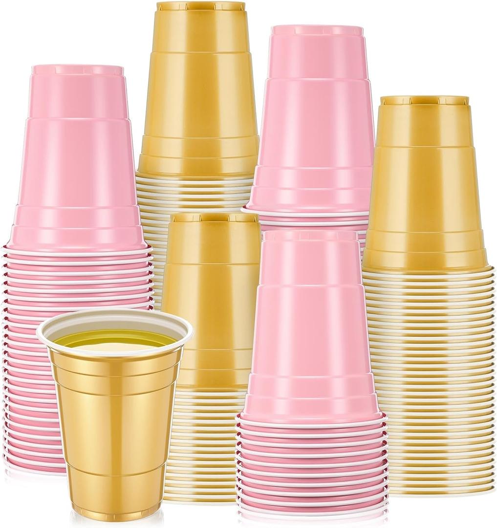 50 Pcs 16 oz Plastic Cups Disposable Party Cups Coffee Cup Heavy Duty Drinking Cup for Valentine Galentine Wedding Birthday Holiday Picnic New Year Party Beer Serving (Pink,Gold)