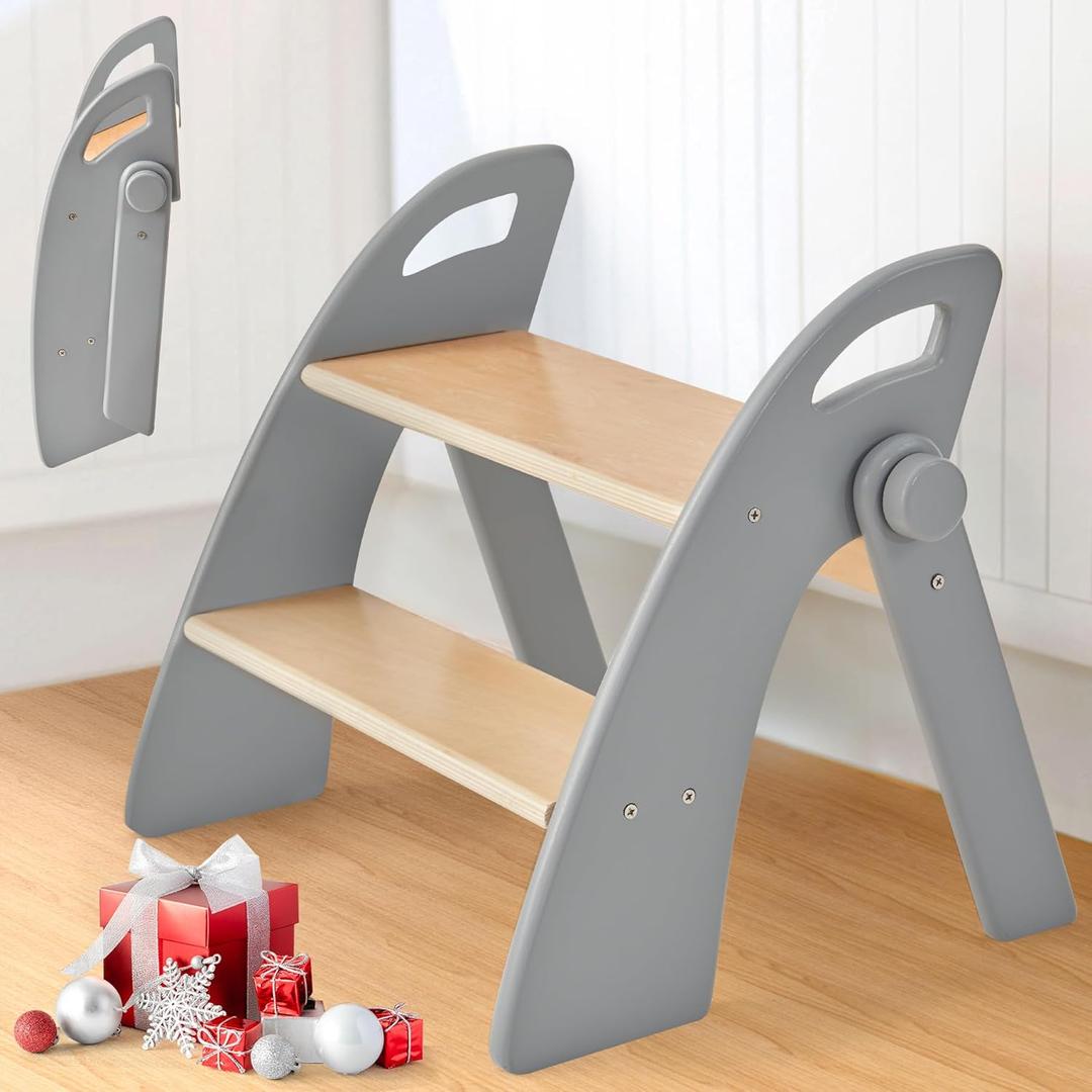 Wooden Step Stool, Two Step Stools, 300 lb. Load Capacity, with Safety Non-Slip Pads and Handles, Bamboo Step Stool for Bathroom and Kitchen, Children's Christmas Gift (Grizzly)