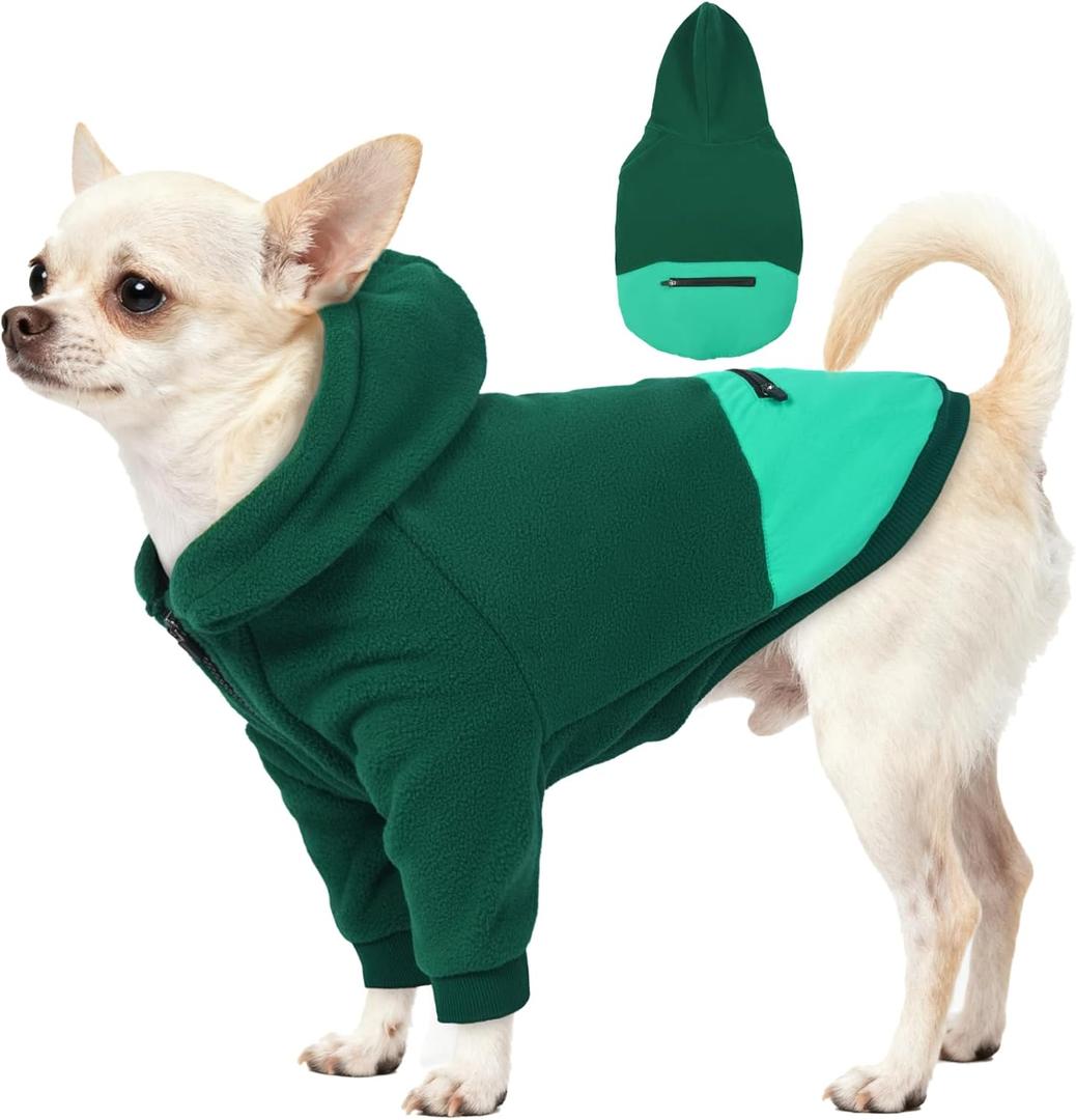 Puppy Hoodies with Pocket, Cozy Dog Hoodie Fleece Sweater Pullover for Bichon Frise, Sweatshirts for Small Dogs Warm Long Sleeve Chihuahua Jacket, Indoor Outdoor, Green, S
