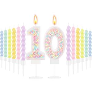 MTLEE Number 10 Birthday Candle with 12 Pcs Spiral Candles for Girls Macaron Pastel Rainbow Unicorn Pink Cake Topper for Sweet Theme Party Decoration
