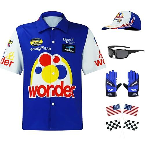 JQAKFIY Racing Shirts Costume Halloween CalNaughton Shirt Race Car Driver Sports With Sunglasses Hat Props Cosplay Set Blue S