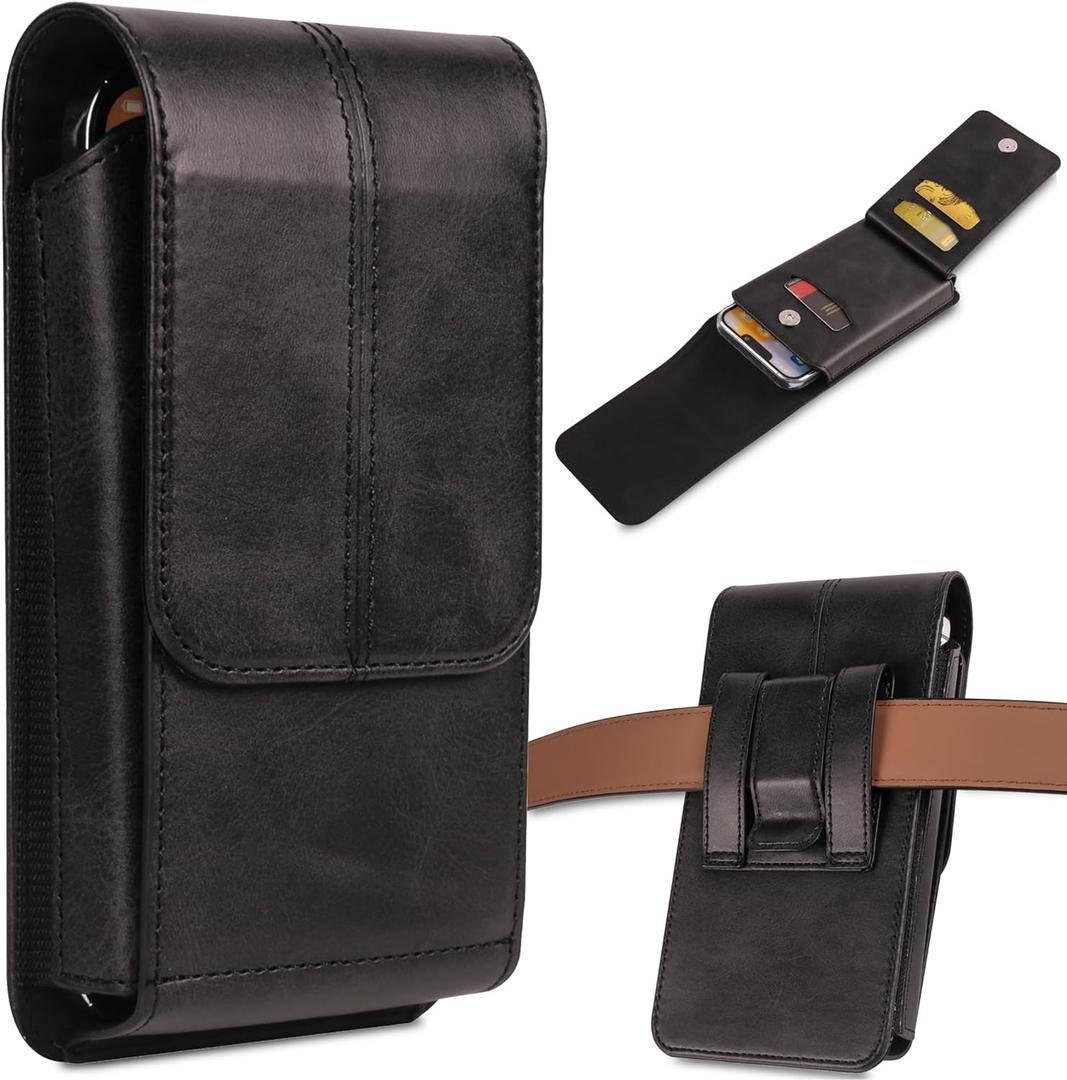Phone Pouch Leather Belt Holster Case with Card Holder, Compatible with iPhone 15 Pro Max, 15 Plus,14 Pro Max, 14 Plus, 13 Pro Max, 12 Pro Max, 11 Pro Max, XS Max, Black (Large)