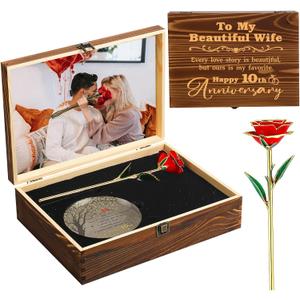 10th Anniversary Wedding Gift for Wife Engraved Wooden Gift Set 'to My Beautiful Wife' Includes 24k Gold Dipped Rose Acrylic Ornament for Wife Women Christmas Anniversary Tin Wedding