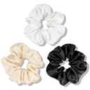 OLESILK 100% Mulberry Silk-Scrunchies for Hair Sleep, Women Grils Silk Hair Ties for Frizz & Breakage Curly Hair, No Damage, Elastics Ponytail Holder, 3 Pack (3pcs, Black-White-Light Champagne)