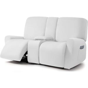 ULTICOR Squared Jacquard Design Reclining Loveseat with Middle Console Slipcover, 8-Piece Stretch Sofa Covers, 2 seat Loveseat Recliner Cover, Washable (Loveseat with Console Recliner Cover, Ivory)