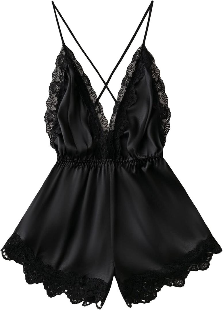 WDIRARA Women's 2023 Satin Teddy Lingerie Lace Deep V Backless Sleeveless Romper Sleepwear (Large, Black)