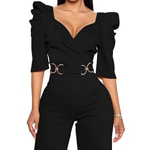 ZonJie Black Sexy Jumpsuits for Women Summer Plus Size Short Sleeve Party Rompers Dressy Club Wide Leg Long Pants,805 Black_Medium