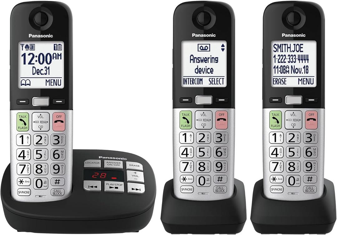 Panasonic Cordless Phone, Easy to Use with Large Display & Big Buttons, Flashing Favorites Key, Flashlight, Call Block, Volume Boost, Talking Caller ID, House Phones, 3 Handsets - KX-TGU433B