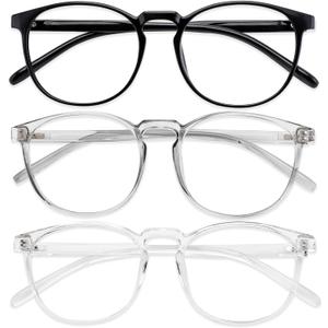Przene 3 Pack Blue Light Blocking Glasses Women/Men,Retro Round Computer Glasses Anti Eye Strain/UV/Glare, Gaming Glasses. (Black/Crystal/Grey)
