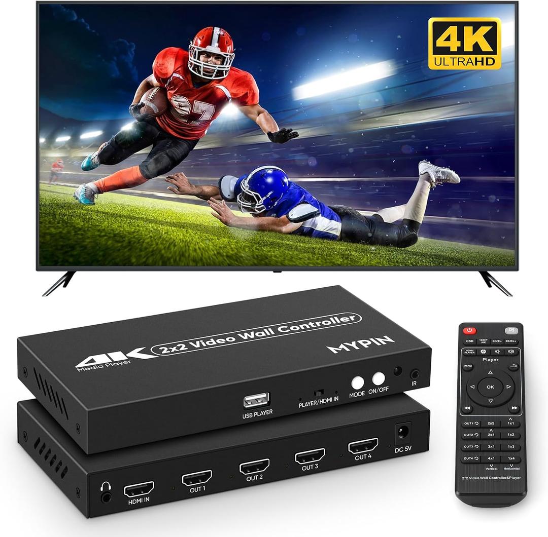 2x2 HDMI 4K Video Wall Controller with Media Player Function,4K@30HZ TV Wall Processor, 8 Display Modes 1x1 1x2 1x3 1x4 2x2 2x1 3x1 4x1 with Remote Control, 180Rotate,with for 4x1-1 HDMI Input/Output