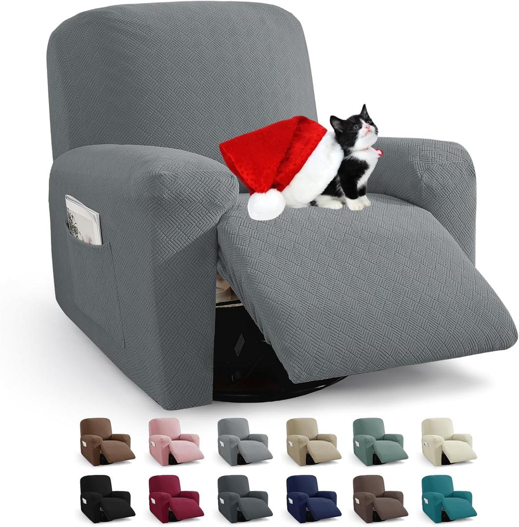 JIVINER 3 Piece Recliner Chair Cover Stretch Lazy Boy Non Slip Covers for Recliner with Pockets Soft Jacquard Reclining Sofa Slipcovers Furniture Protector with Elastic Bottom (1 Seater, Light Grey)