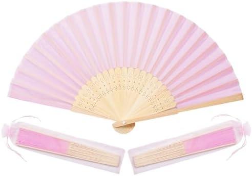 Sepwedd 50pcs pink Imitated Silk Fabric Bamboo Folded Hand Fan Bridal Dancing Props Church Wedding party favors with Organza Bags