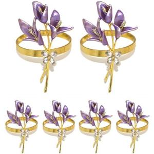 Gold Lily Napkin Rings Set of 6, Metal Napkin Ring Holders for Wedding Party Holiday Banquet Christmas Dinner Delicate Serviette Buckles Decor Favor (Lily-Purple)