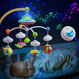Mini Tudou Musical Baby Crib Mobile Toy with Lights and Music, Star Projector Function and Cartoon Rattles, Remote Control Musical Box with 108 Melodies, Toy for Newborn Sleep
