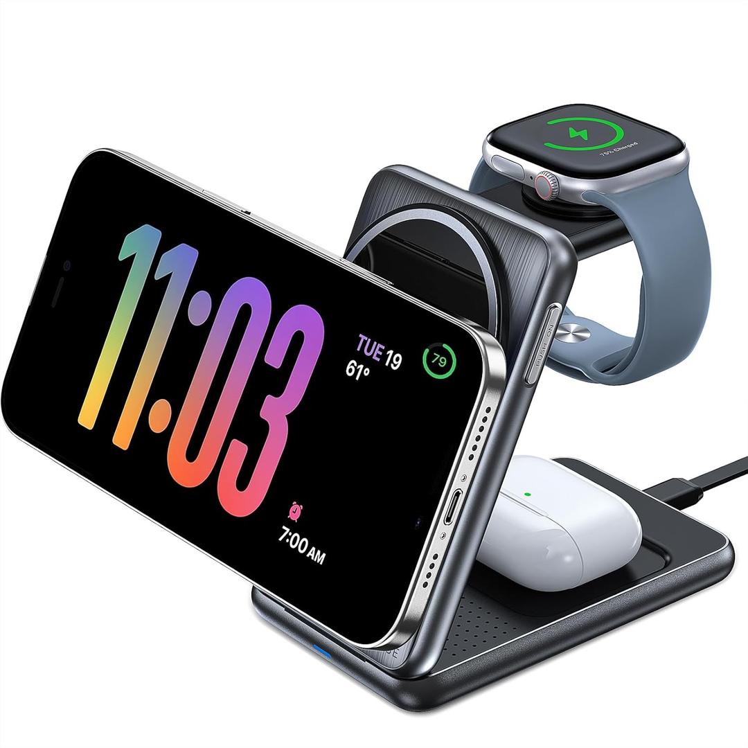 Miracase 3 in 1 Wireless Charging Station for Apple Multiple Devices, Qi2 Certified 15W Fast Charging Foldable Magnetic Charger Stand for MagSafe iPhone 17/16/15/14/13/12, Apple Watch, AirPods