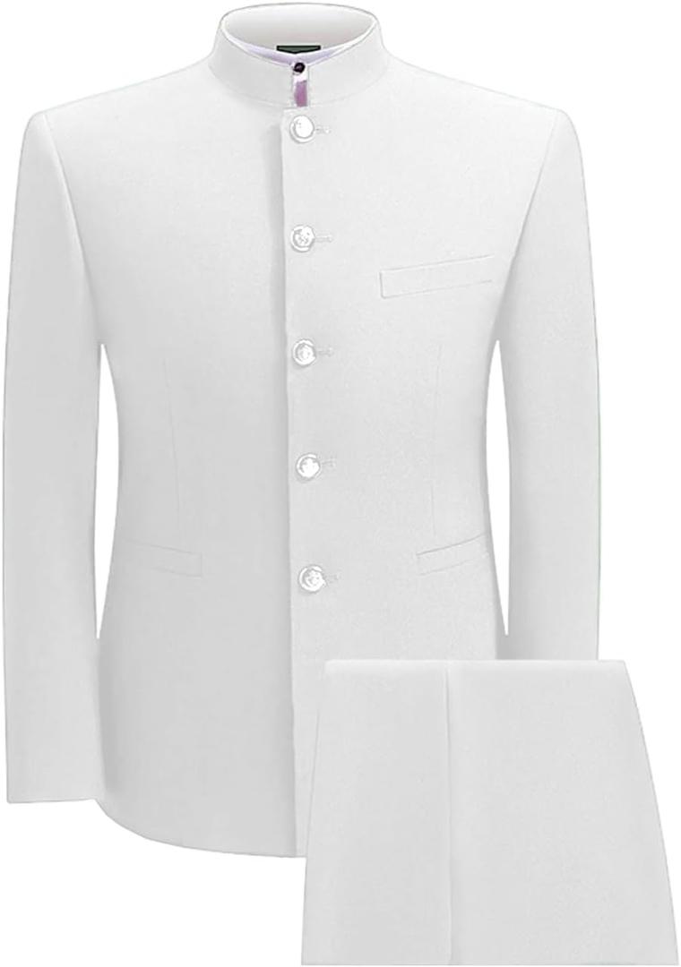 2 Piece Men's Chinese Suit Chinese Stand Collar Slim Fit Suits Front Button Blazer Pant Set, White-XL