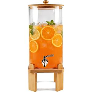 3 Gallon Large Glass Drink Dispenser for Parties, Glass Beverage Dispenser with Wood Stand, Juice & Lemonade Dispenser, Iced Beverage Dispenser with Spigot, Water Dispenser for Party with lid