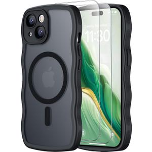 SPIDERCASE Magnetic for iPhone 15 Case, [Curly Wavy Edge] with [2 Tempered Glass Screen Protector] [Full Camera Protection] Anti-Fingerprint Anti-Scratch Case for iPhone 15 6.1, Black