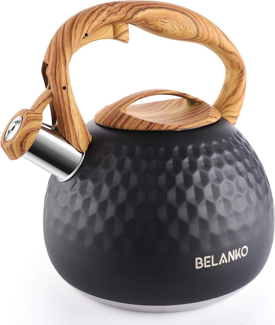 BELANKO 2.7 Quart Tea Kettle for Stovetop - Food Grade Stainless Steel with Diamond Texture, Designer Teapot Look, Cool-Touch Wood Pattern Handle, Whistling Spout - Matte Black