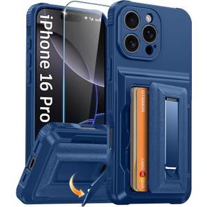Oterkin for iPhone 16 Pro Wallet Case [4-5 Card Holder] [Metal Kickstand] [Screen Protector] [Full Camera Protection][RFID Blocking] Military-Grade Heavy Duty Phone Case Cover for iPhone 16 Pro, Blue