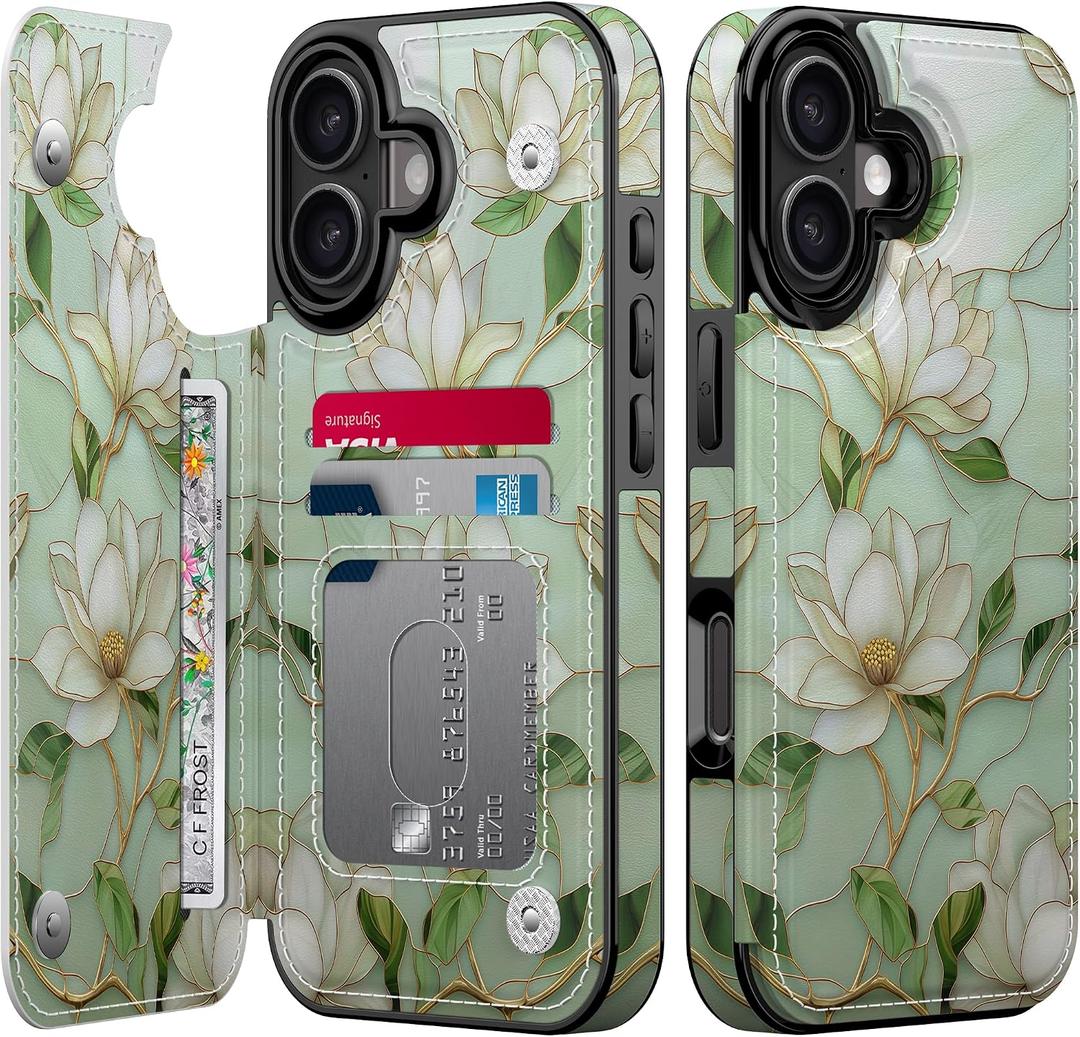 Esdot Wallet Case for iPhone 17 for Women, Floral PU Leather Phone Cover with Card Holder, RFID Blocking, Kickstand, Cute Shockproof Protective Case for Girls - Vintage Magnolia Flowers