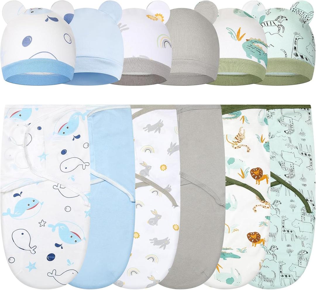 Ramede 6 Pack Swaddle Blanket with Hats for Baby Girl Boy 100% Cotton Swaddles 0-3 Months, Adjustable Breathable Skin Friendly Receiving Blanket Wrap, Essential for Newborns (Blue and Green)
