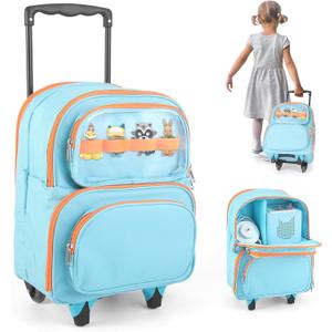 2-in-1 Rolling Backpack for Toniebox 1 & 2, Blue Travel Carrying Case for Boys with Wheels Organizer Storage Bag, Holds for Toniebox, 30+ Tonies Characters, Headphones & Charger