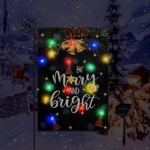 Christmas Garden Flag Lighted Be Merry And Bright Flags for Outside Solar Led Outdoor Decorations Xmas Winter Holiday Burlap Vertical Double Sided Yard Decor 12.5 x 18 Inch