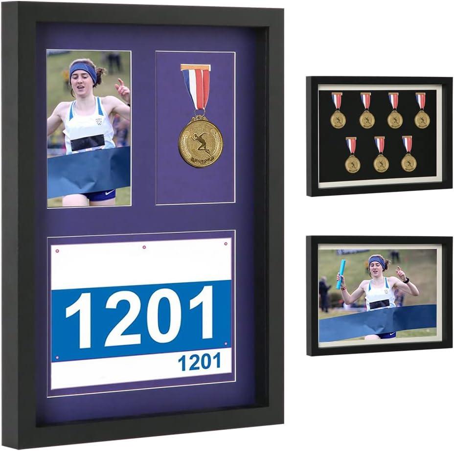 Shadow Box for Medals, Race Bibs, and Photos Display - 7 Medal Display Case - Large Medal Display Picture Frame for Marathon Runner, Race Winner, Military Awards, Triathlons & All Sports (Black, A3)