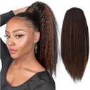 Long Yaki Straight Drawstring Ponytail for Women 20inch Dark Brown with Highlights Slight Kinky Straight Pony Tail Hairpieces Synthetic Ponytail Extension(4H30)