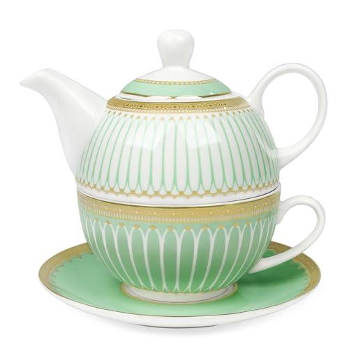 fanquare Tea for One with Gold Trim, Green Teapot Set for Adults, Ceramic Coffee Cup with Saucer, Classic Stripes