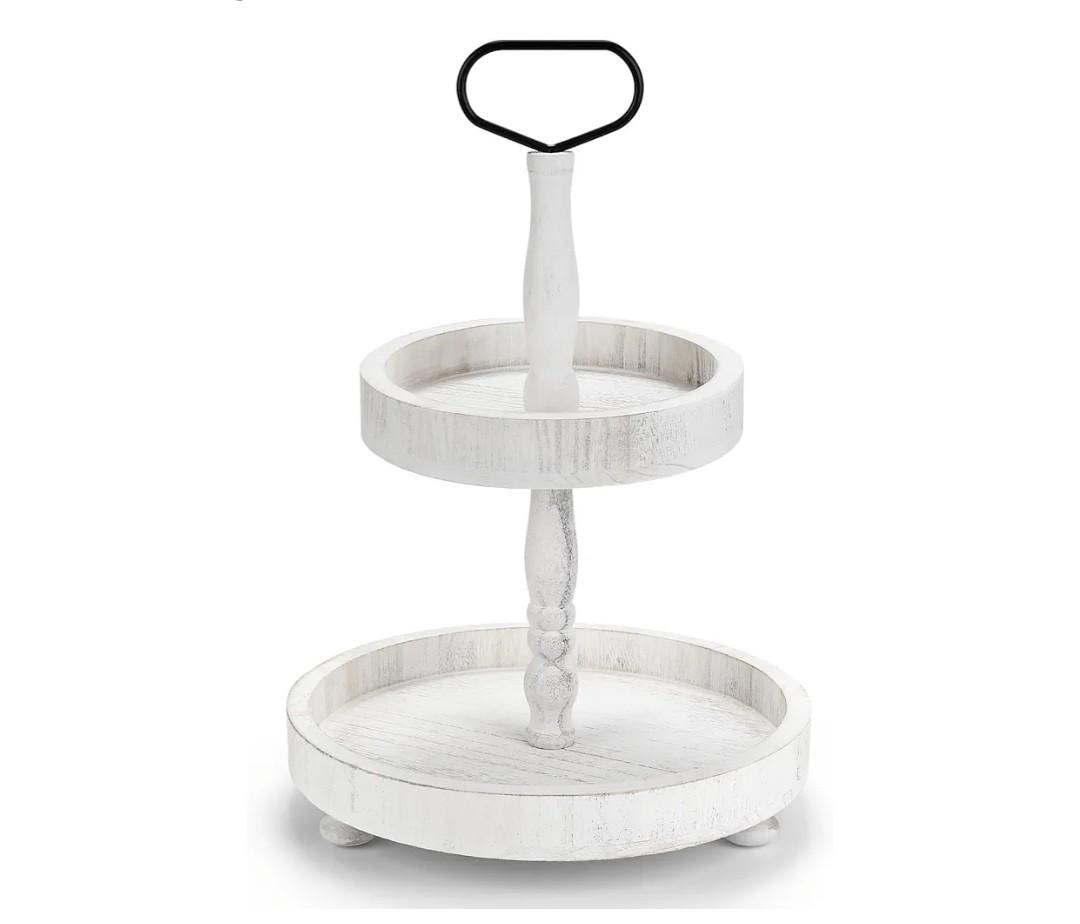 Christmas 2 Tiered Tray Stand Decor, Wooden Farmhouse Tiered Tray for Holiday & New Year Tabletop Display, Kitchen, Coffee Bar, Home Decor, With Plants And Decorations