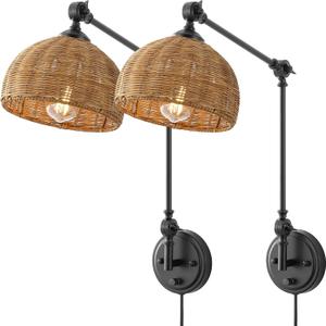 WINGBO Black Wall Sconce Rattan Wrapped Wall Lamp Set of 2, Adjustable Swing Arm Wall Light Fixture Vintage Bedside Light Wicker Handmade Shade Reading Light Plug in or Hardwire