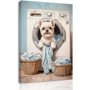 AI Laundry Room Canvas Frame Wall Art Laundry Sign Painting Vintage Funny Dog Artwork Decor for Wash Room Bathroom Laundromat Dry Cleaning Store (WE000052-4, 16.00L x 24.00W, Framed)