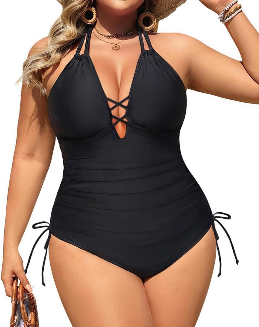 Aqua Eve Plus Size Swimsuits One Piece Bathing Suit for Women Tummy Control Sexy Halter Swimwear (Solid Black) 18W