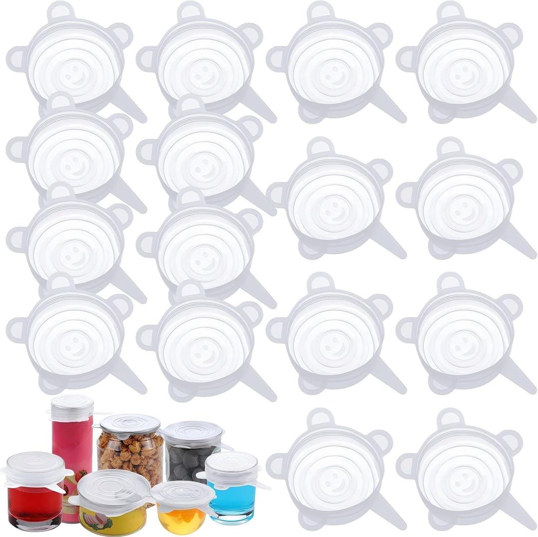 Patelai 16 Pack Silicone Jar Covers Same Size Silicone Jar Cap Stretch Lids Thicker Reusable Container Cover, Expandable Food Storage Covers Dishwasher and Freezer Safe 2.6-3.3 Inch(White)