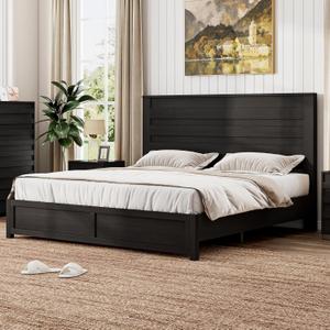 Farmhouse Queen Bed Frame with 49" Tall Headboard, Wooden Platform Bed with Hidden Metal Bed Frame, No Box Spring Needed/Noise Free, Black