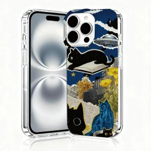 for iPhone 16 Pro Max Case, Collage Cases for iPhone 16 Pro Max, Scratch Resistant Shockproof Cover, Aesthetic Clear Phone Cover, Vintage Cases, Black Cat UFO Starry Sky Roaming Collage Design B113