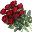 Veryhome Artificial Flowers Silk Roses Real Touch Bridal Wedding Bouquet for Home Garden Party Floral Decor 10 Pcs (Blooming Rose - Gradient Burgundy Red)