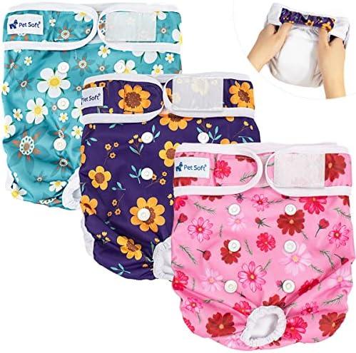 Pet Soft Washable Female Diapers (3 Pack) – Female Dog Diapers, Comfort Reusable Doggy Diapers for Girl Dog in Period Heat (Cute Flower, XL)