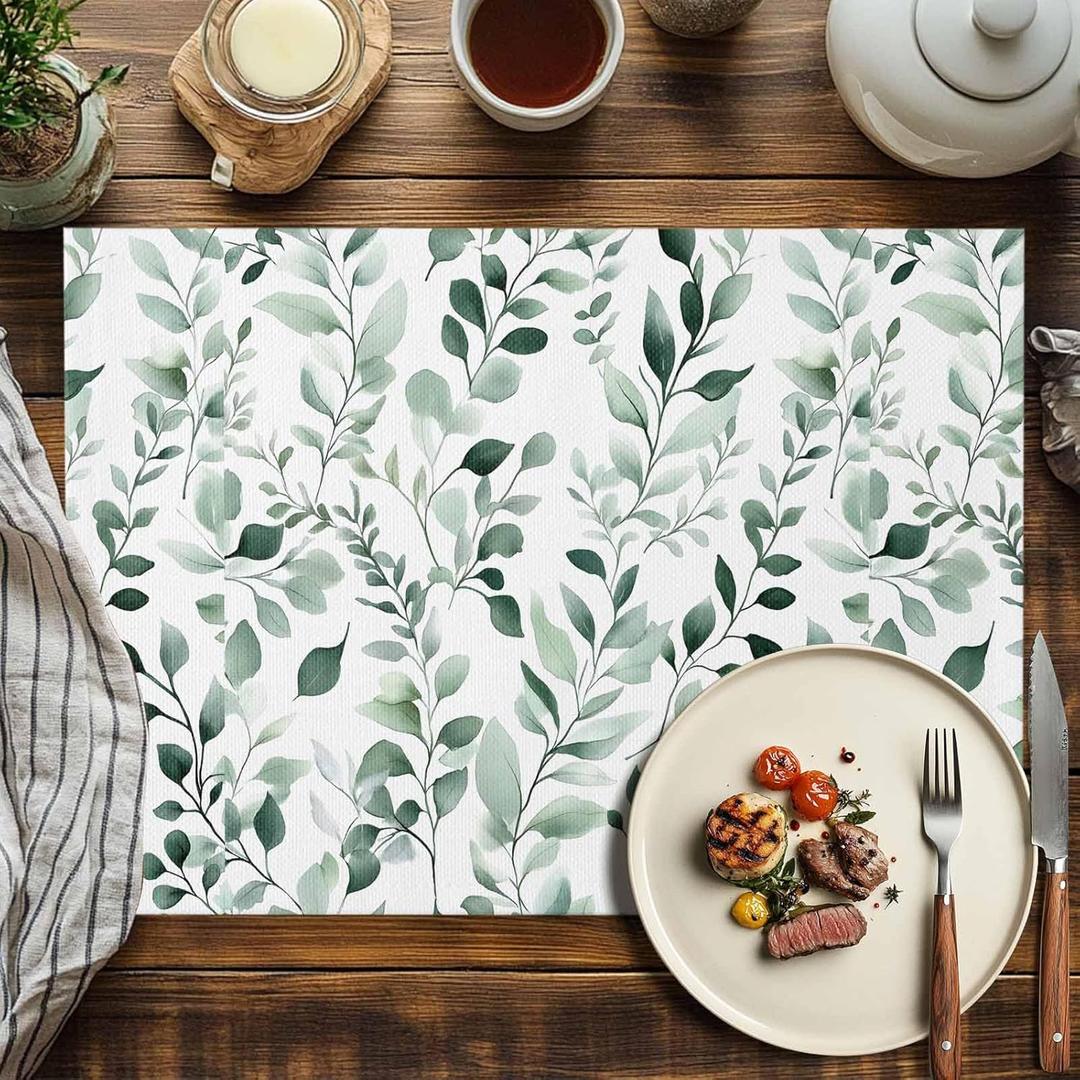 Placemats Set of 6 Washable Place Mat Eucalyptus Leaves Plant Table Mats Spring Summer Leaf Placemat for Kitchen Dining Tables Party Decor