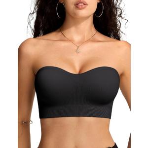 Vertvie Strapless Bras for Women Non-Slip Push Up Wireless Bandeau Bra Seamless Comfort Tube Top Supportive Padded Bralette(Black,Large,Plain Jersey)