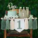 Wild One High Chair Banner For 1st Birthday Party Boy Decorations With Green Tassel Garland Crown Hat Cake Topper