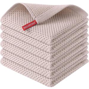 Cotton Kitchen Dish Cloths, 6 Pack Super Absorbent Waffle Weave Dish Towels, 12 x 12 Inch, Khaki