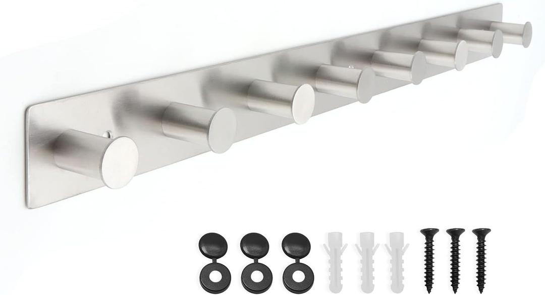 Coat Rack Wall Mounted, White Coat Hooks Screw in, Stainless Steel Door Hooks for Hanging Hat Towels Clothes, Hook Rail with 8 Round Hangers (Silver, 8 Hooks)