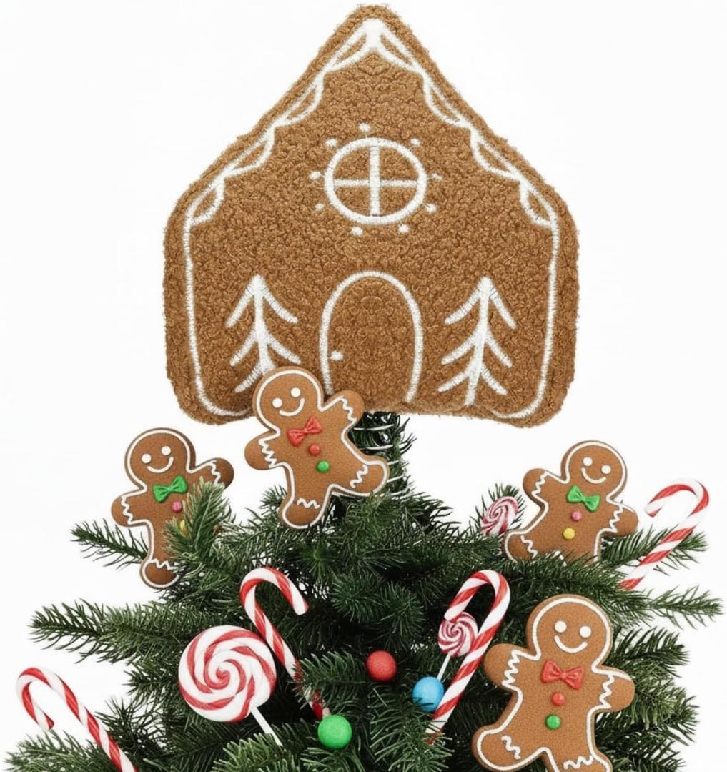 Soaoo Christmas Gingerbread Tree Topper Plush Stuffed Gingerbread Tree Topper 7.7 Inch Cute Plush Stuffed House Hanging Ornaments for Christmas Party Holiday Festive Home Decor Gifts