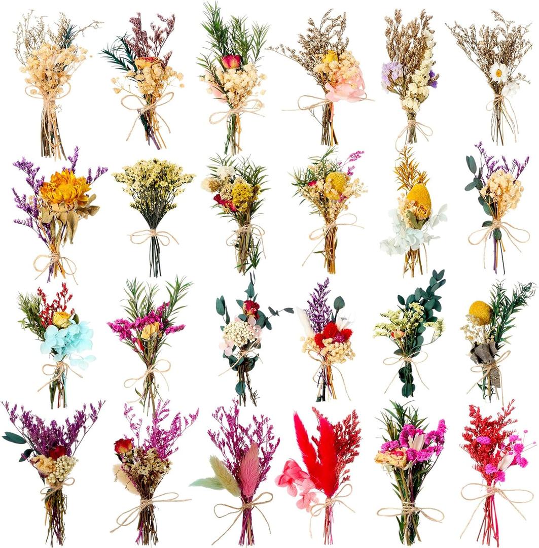 24 Pcs Dried Flowers Bouquet Boho Mini Dried Flower with Stem Small Floral Plants Mixed Natural Flowers Bundles for Crafts Vase DIY Photo Props Wedding Decoration